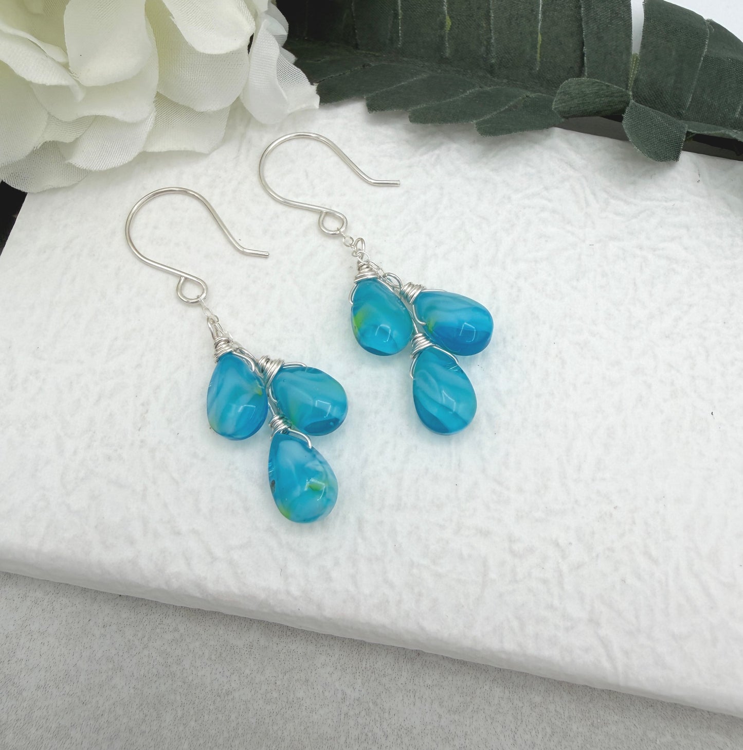 Earrings with Cascades of Wire Wrapped Blue and Yellow Glass Teardrops CE-304