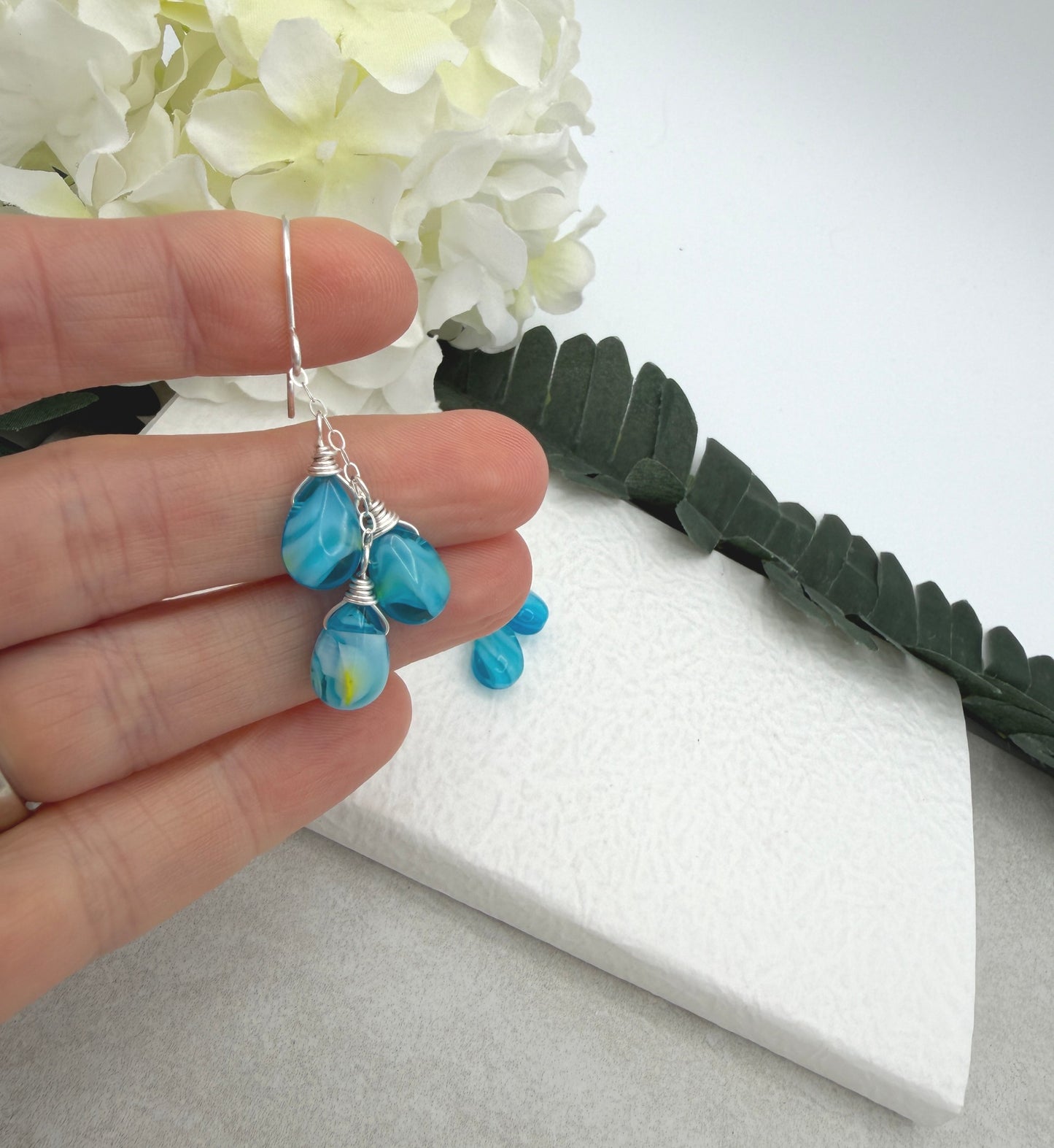 Earrings with Cascades of Wire Wrapped Blue and Yellow Glass Teardrops CE-304