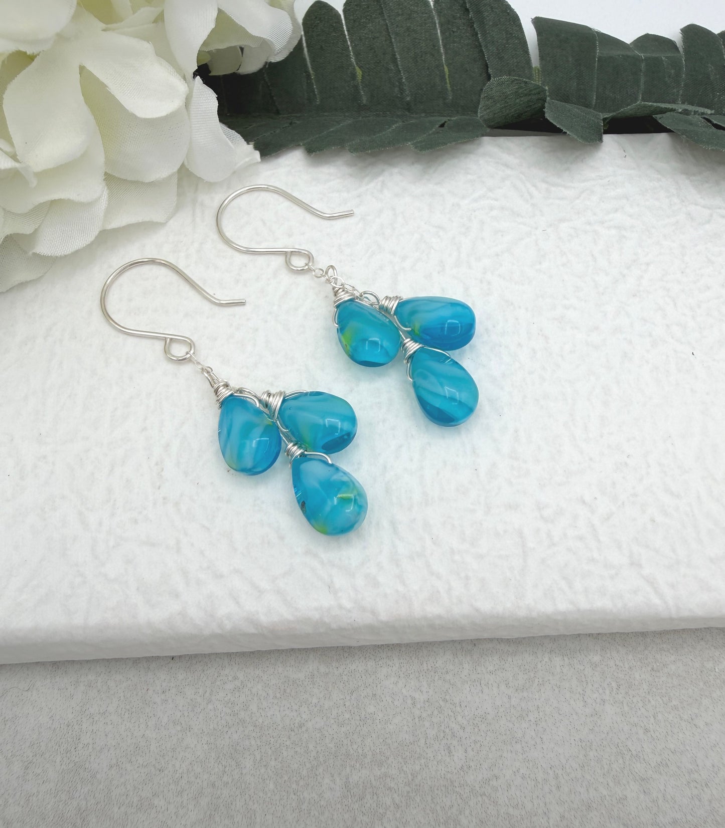 Earrings with Cascades of Wire Wrapped Blue and Yellow Glass Teardrops CE-304