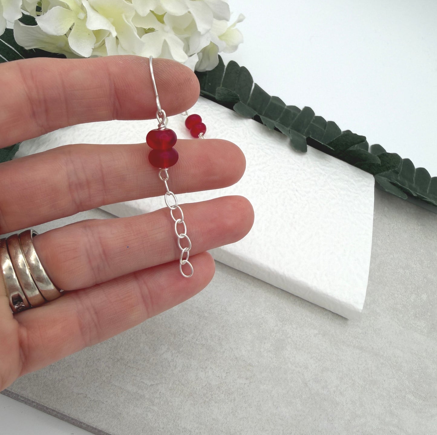 Earrings with Frosted Red Glass and Sterling Silver Chain Drops on Sterling Silver Ear Wires CE-305