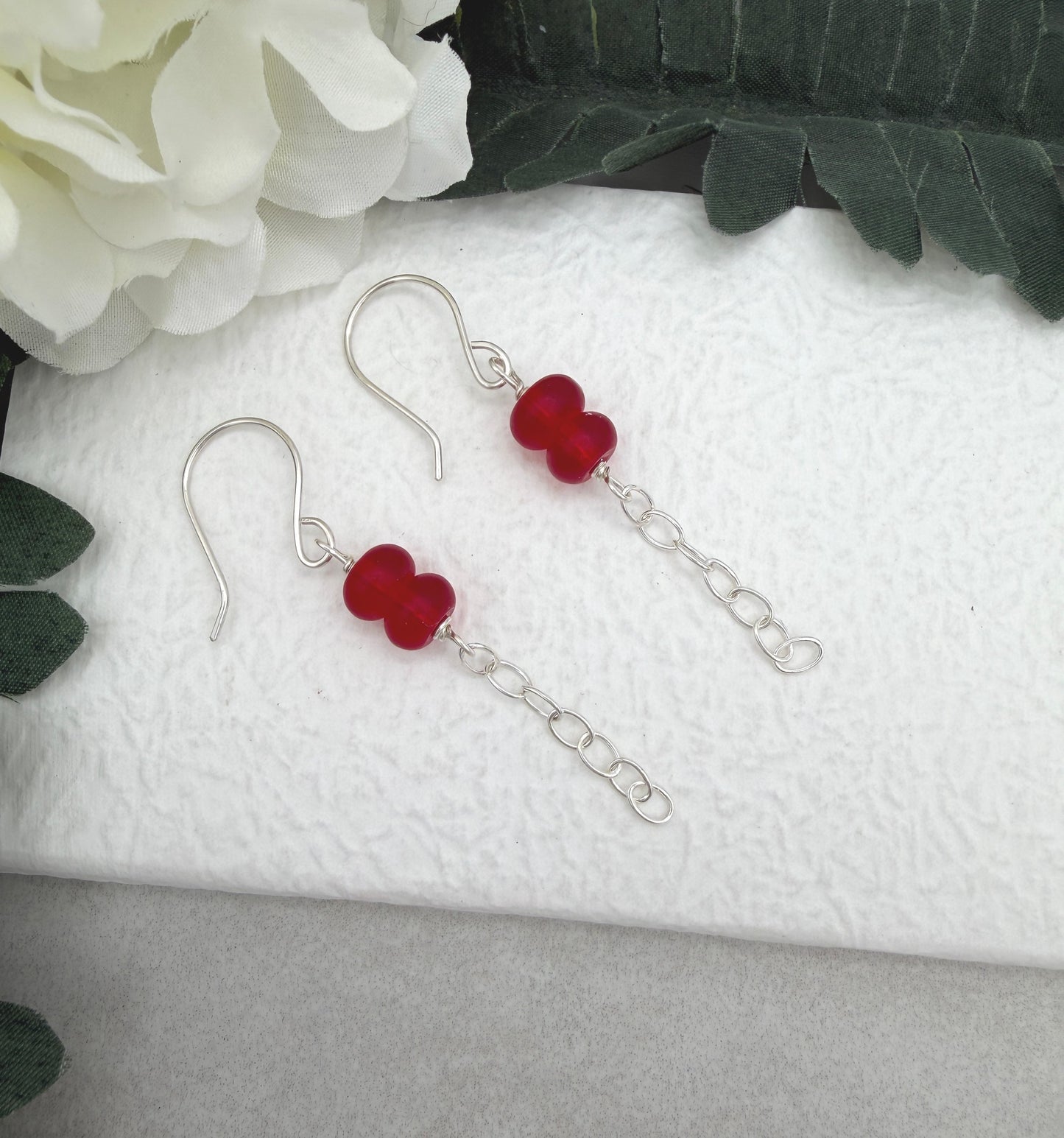 Earrings with Frosted Red Glass and Sterling Silver Chain Drops on Sterling Silver Ear Wires CE-305
