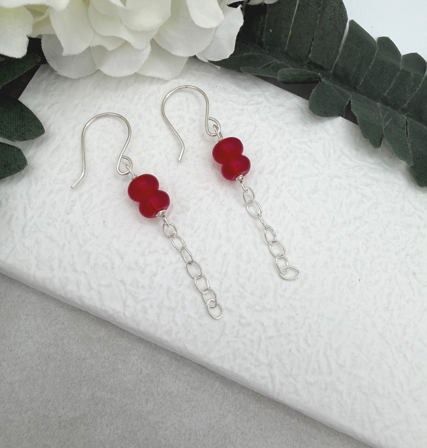 Earrings with Frosted Red Glass and Sterling Silver Chain Drops on Sterling Silver Ear Wires CE-305