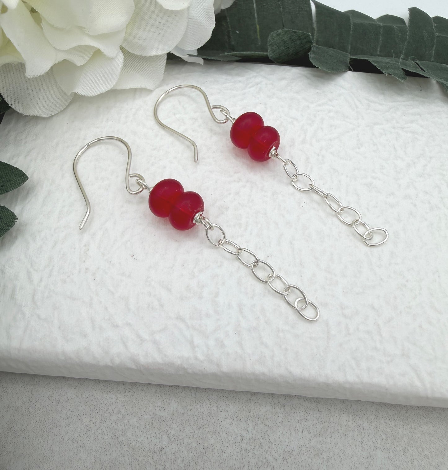 Earrings with Frosted Red Glass and Sterling Silver Chain Drops on Sterling Silver Ear Wires CE-305