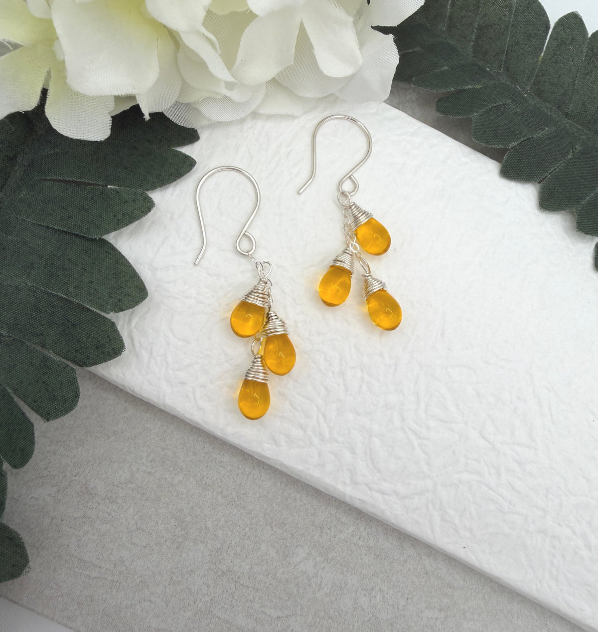 Earrings with Cascades of Yellow Glass Teardrops on Sterling Silver Chains CE-306