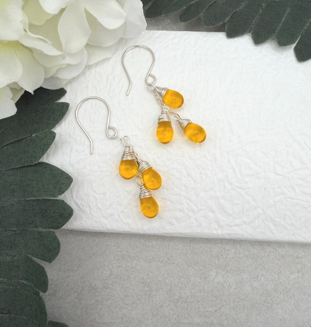 Earrings with Cascades of Yellow Glass Teardrops on Sterling Silver Chains CE-306
