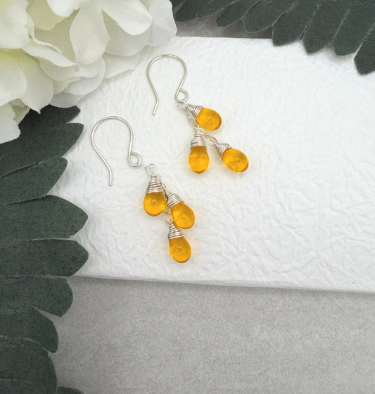 Earrings with Cascades of Yellow Glass Teardrops on Sterling Silver Chains CE-306
