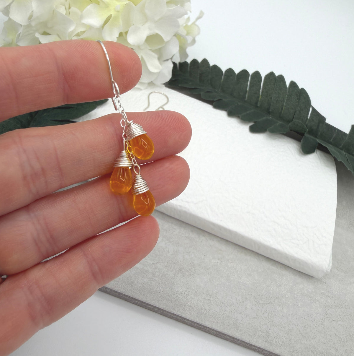 Earrings with Cascades of Yellow Glass Teardrops on Sterling Silver Chains CE-306