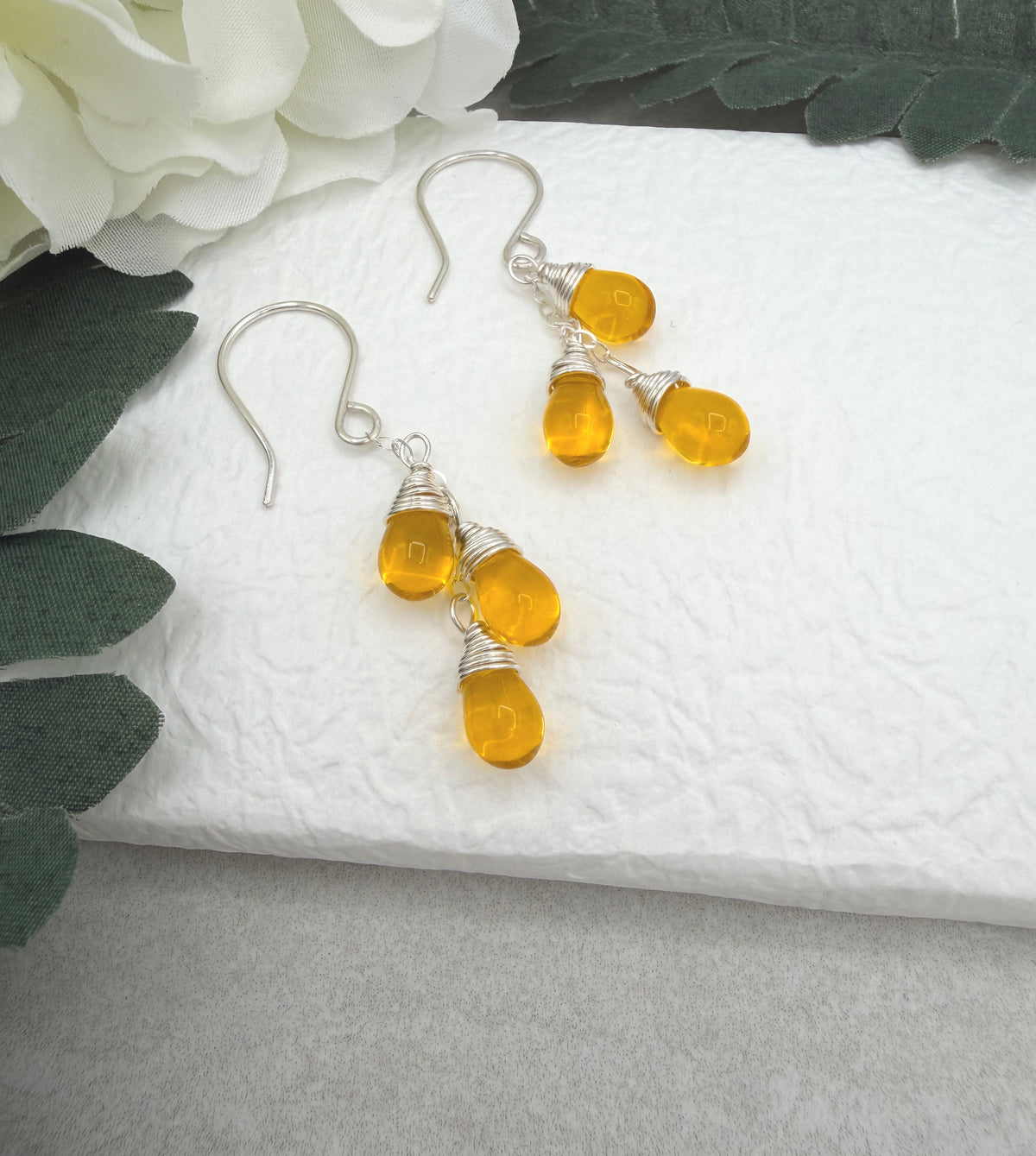 Earrings with Cascades of Yellow Glass Teardrops on Sterling Silver Chains CE-306