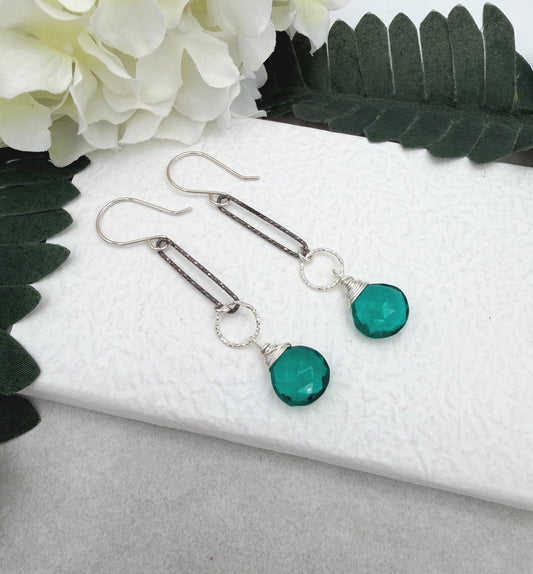 Earrings with Wire Wrapped Teal Quartz Teardrops And Oxidized Loops on Sterling Silver Earring Wires CHE-504