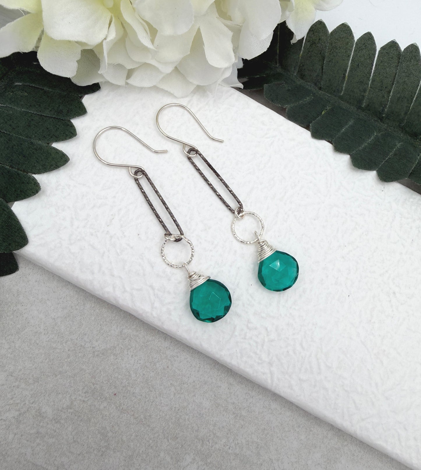 Earrings with Wire Wrapped Teal Quartz Teardrops And Oxidized Loops on Sterling Silver Earring Wires CHE-504