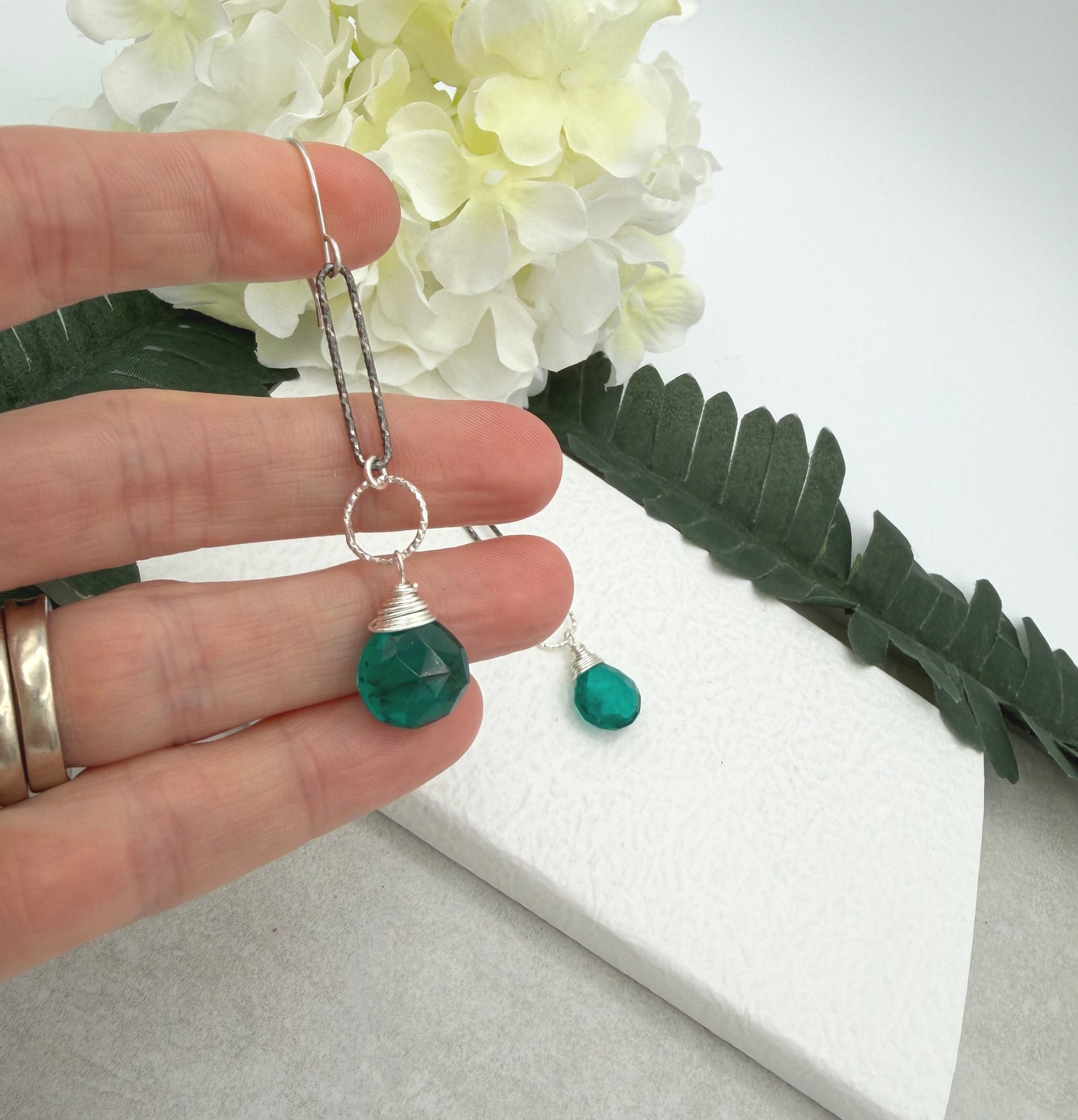 Earrings with Wire Wrapped Teal Quartz Teardrops And Oxidized Loops on Sterling Silver Earring Wires CHE-504