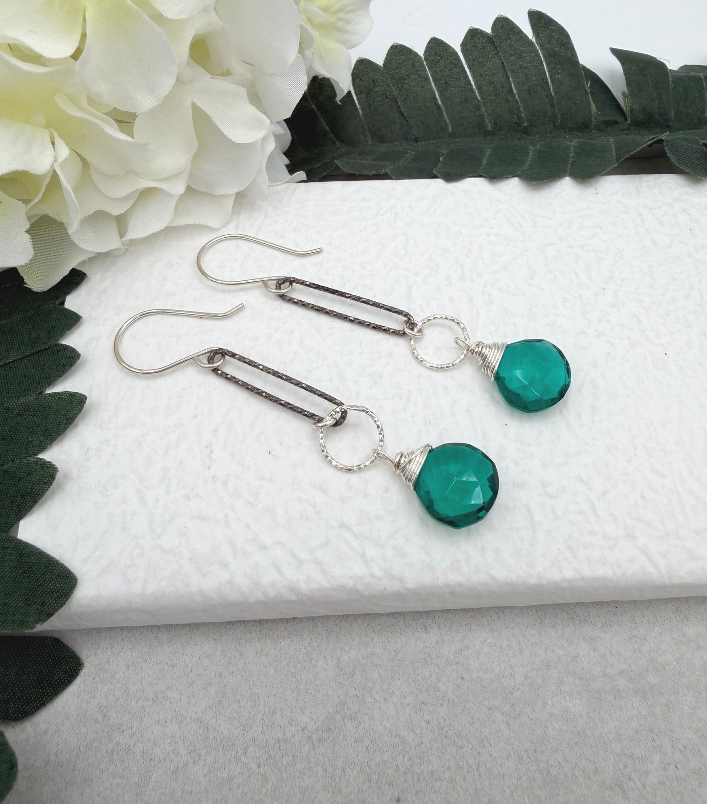 Earrings with Wire Wrapped Teal Quartz Teardrops And Oxidized Loops on Sterling Silver Earring Wires CHE-504