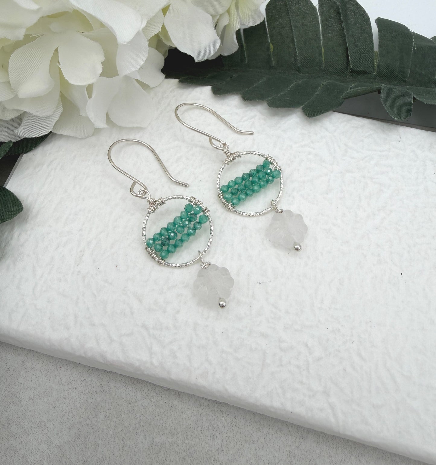 Earrings with Wire Wrapped Sea Foam Cubic Zirconia, Diamond Cut Loops and Frosted Flowers CHE-510