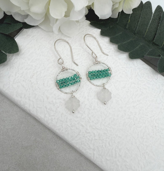 Earrings with Wire Wrapped Sea Foam Cubic Zirconia, Diamond Cut Loops and Frosted Flowers CHE-510