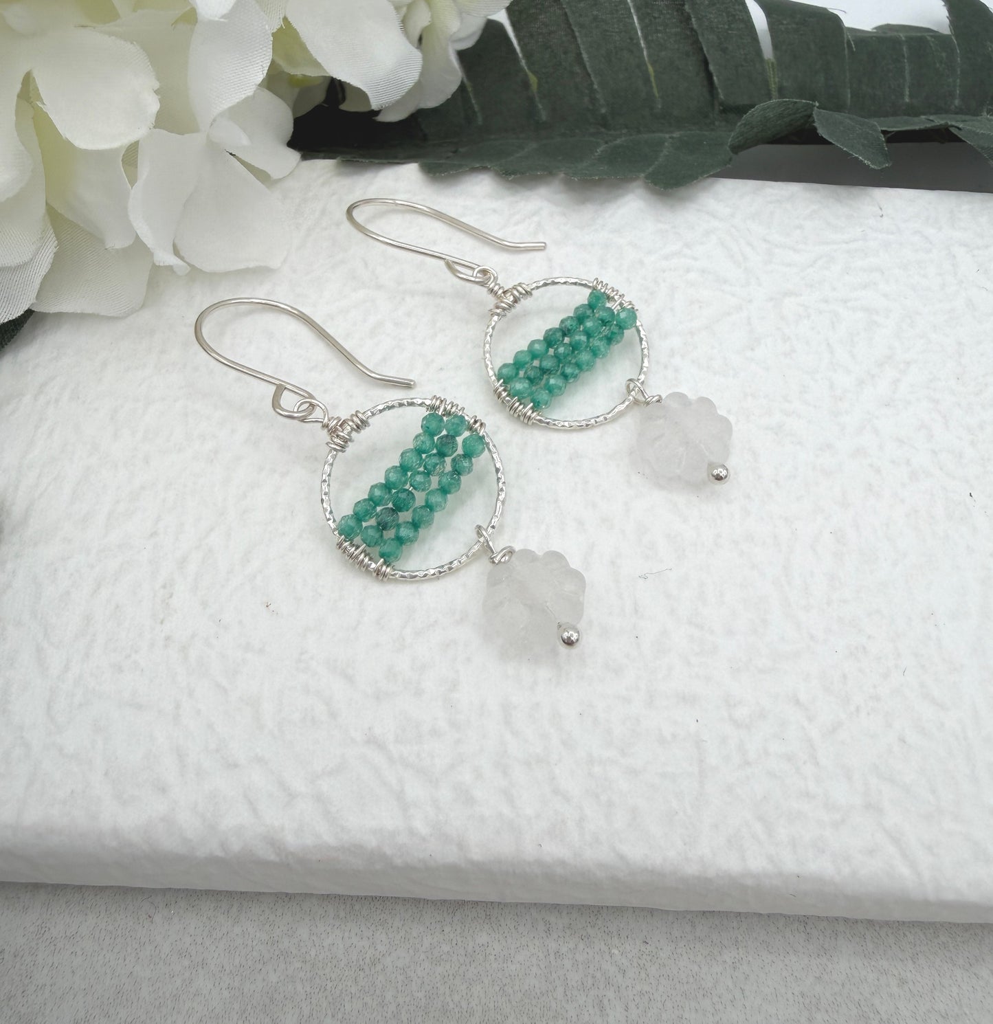 Earrings with Wire Wrapped Sea Foam Cubic Zirconia, Diamond Cut Loops and Frosted Flowers CHE-510