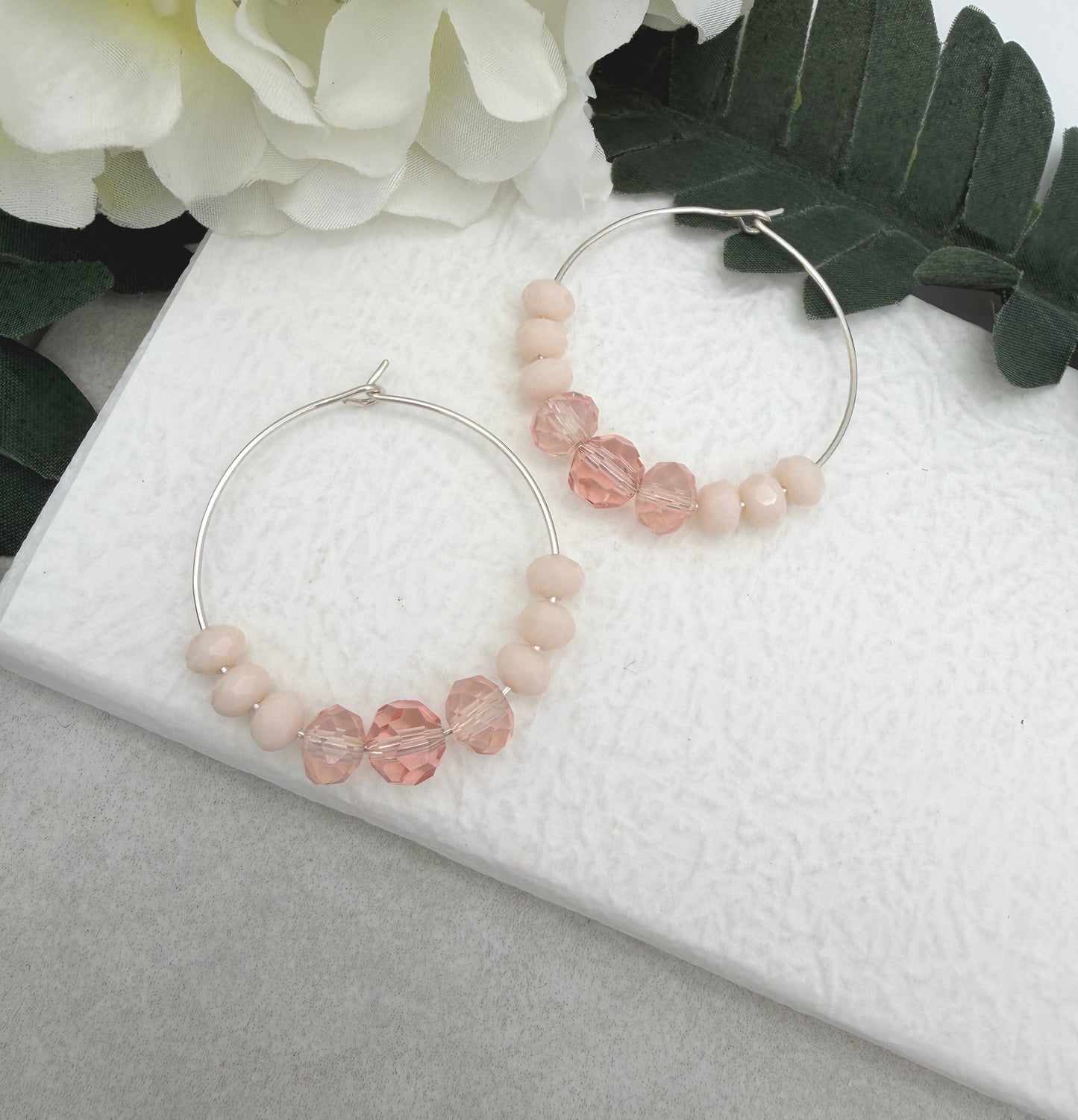 Hoop Earrings with Pink, Peach and Cream Crystal Beads CHE-512