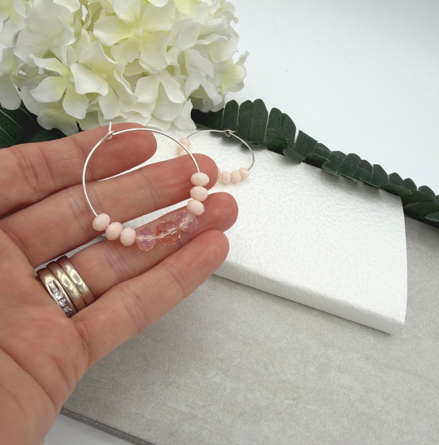 Hoop Earrings with Pink, Peach and Cream Crystal Beads CHE-512