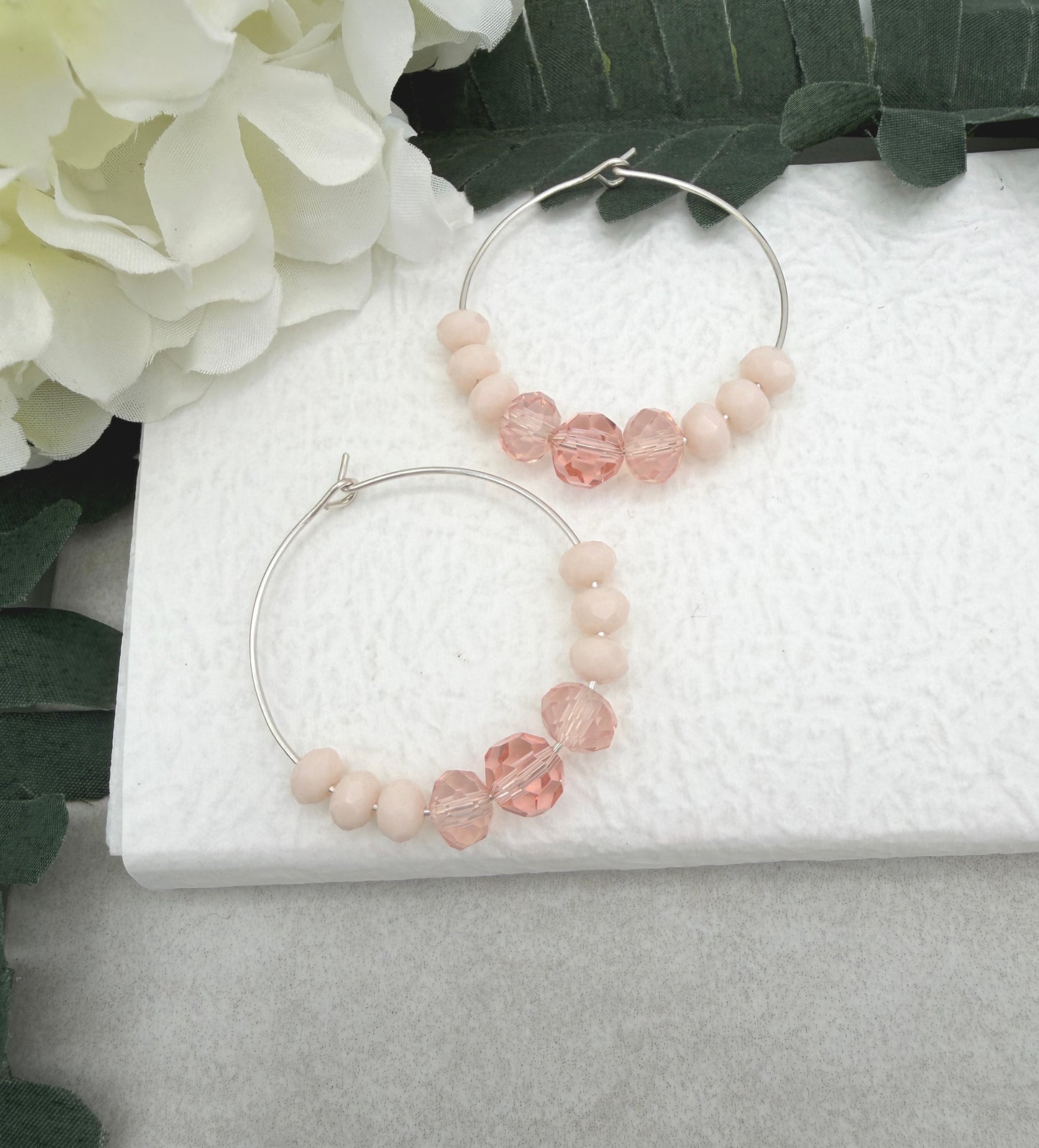 Hoop Earrings with Pink, Peach and Cream Crystal Beads CHE-512