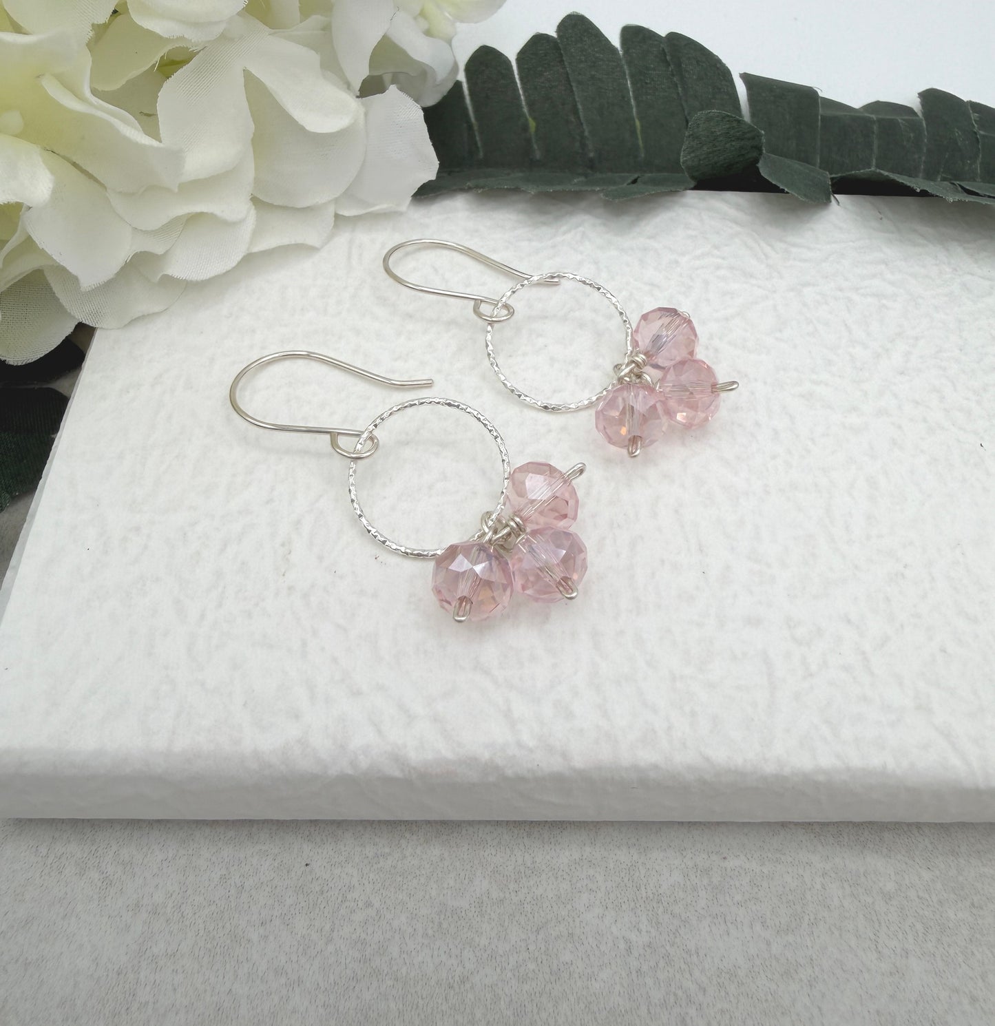 Earrings with Pink Crystal Rondelles and Sterling Silver Loops on Sterling Silver Ear Wires CHE-513