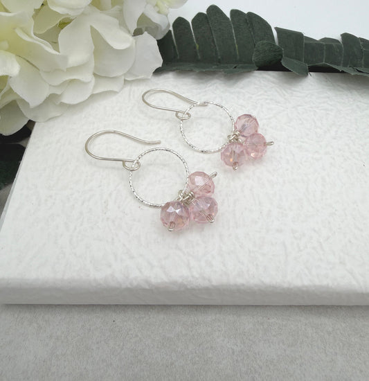 Earrings with Pink Crystal Rondelles and Sterling Silver Loops on Sterling Silver Ear Wires CHE-513