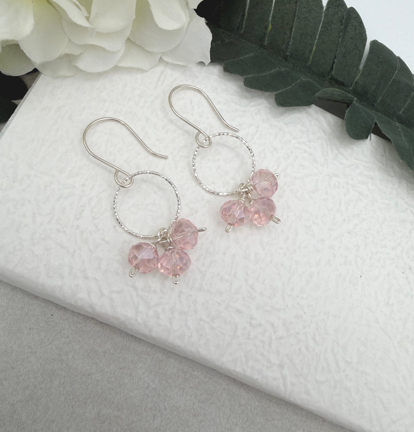 Earrings with Pink Crystal Rondelles and Sterling Silver Loops on Sterling Silver Ear Wires CHE-513