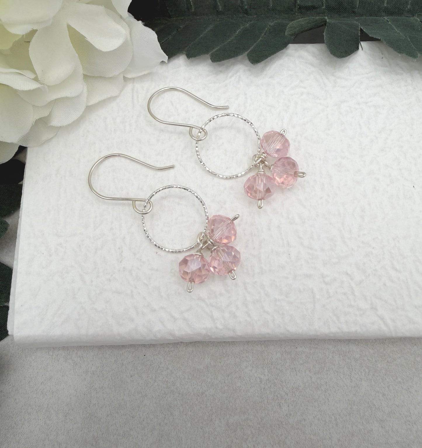 Earrings with Pink Crystal Rondelles and Sterling Silver Loops on Sterling Silver Ear Wires CHE-513