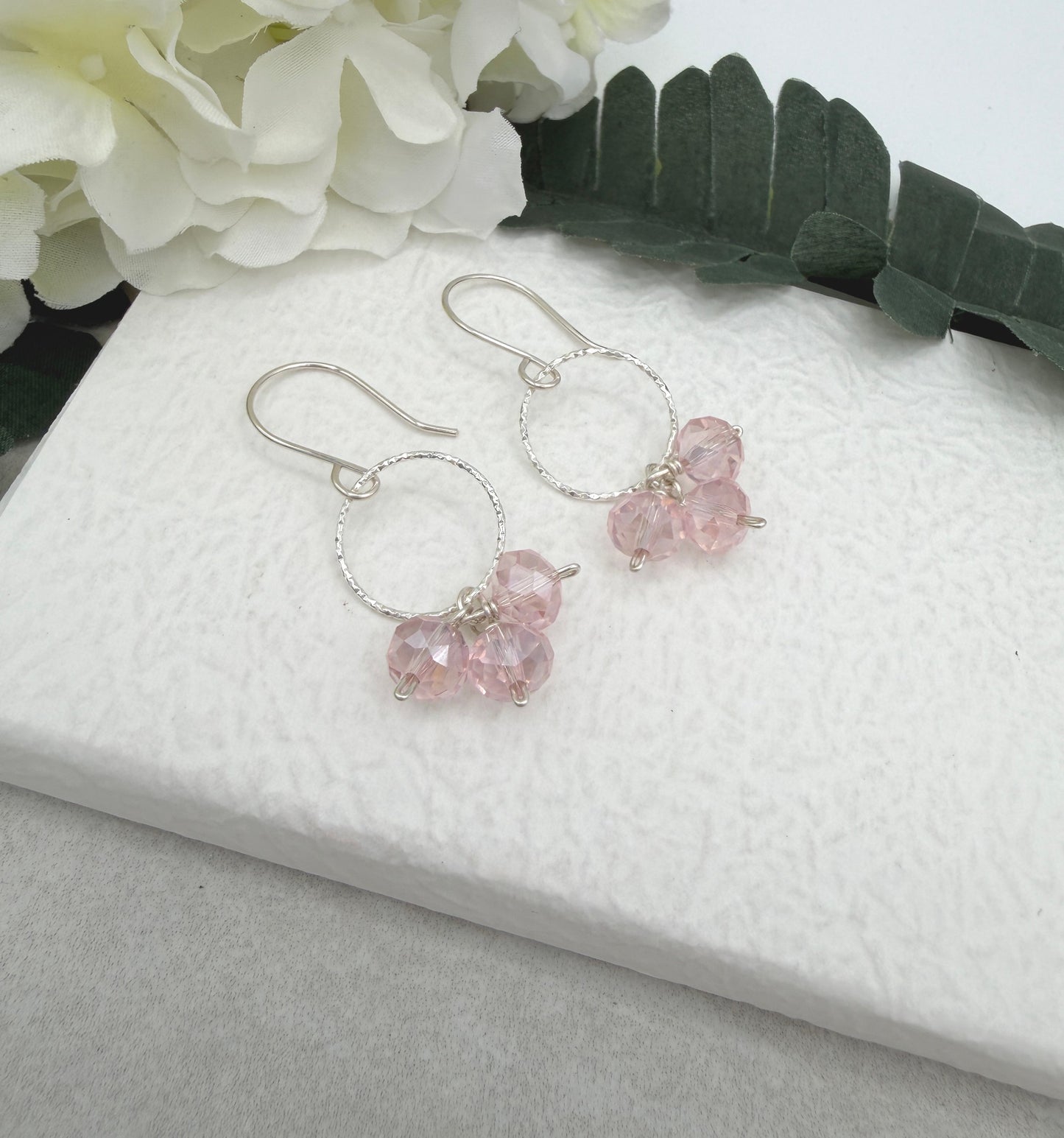 Earrings with Pink Crystal Rondelles and Sterling Silver Loops on Sterling Silver Ear Wires CHE-513