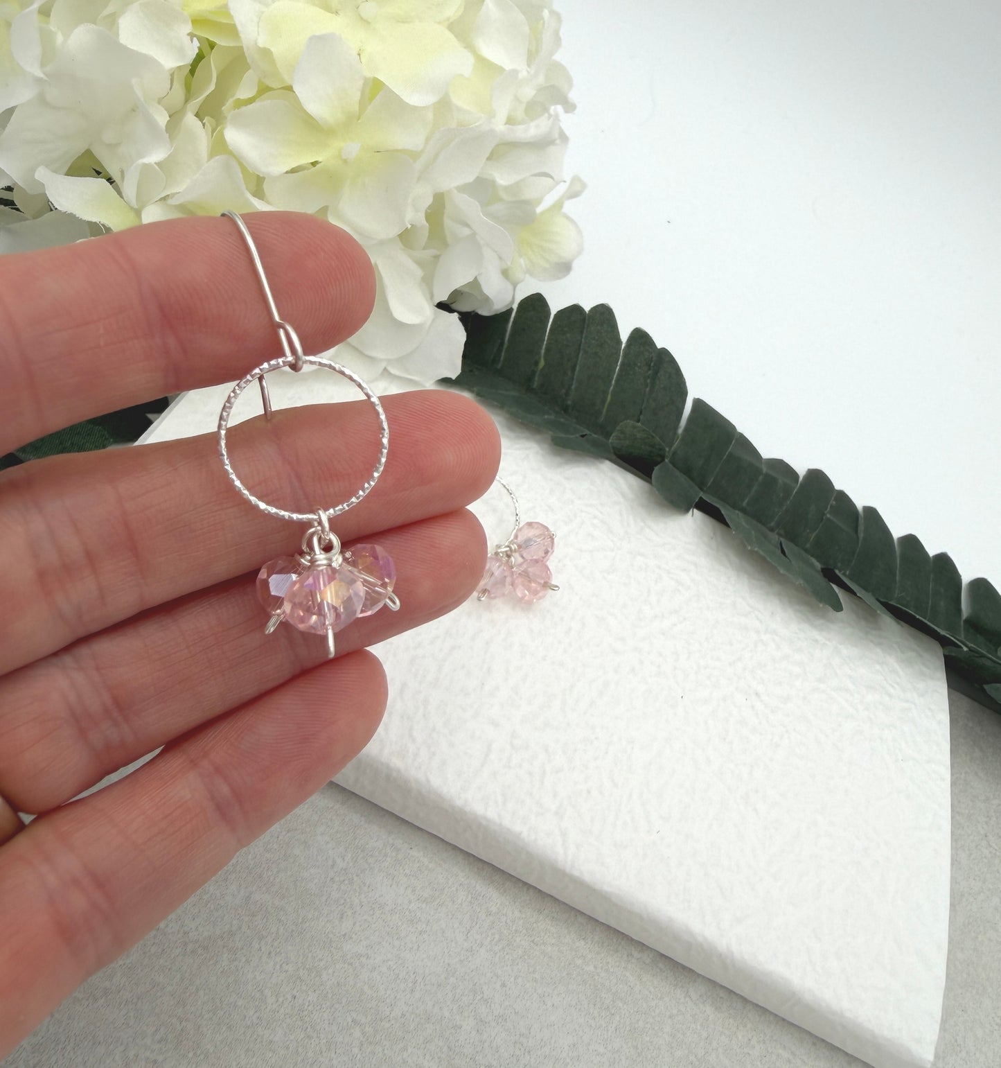 Earrings with Pink Crystal Rondelles and Sterling Silver Loops on Sterling Silver Ear Wires CHE-513