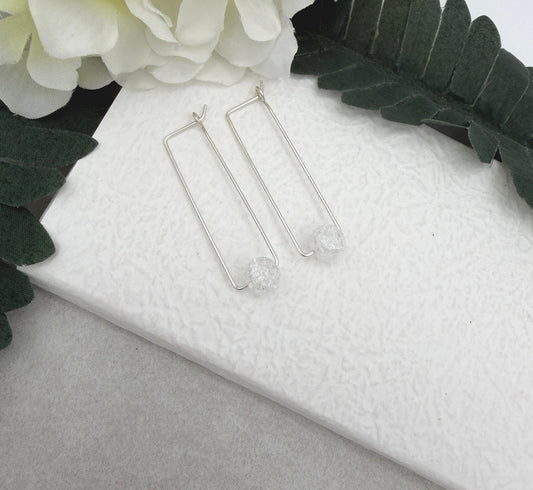 Earrings with Crackled Quartz on Sterling Silver Rectangle Hoops CHE-519