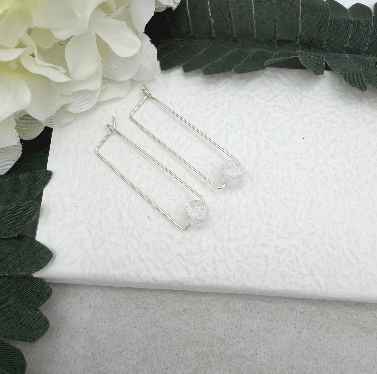 Earrings with Crackled Quartz on Sterling Silver Rectangle Hoops CHE-519