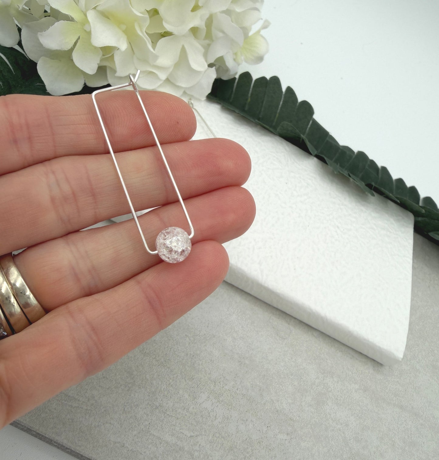 Earrings with Crackled Quartz on Sterling Silver Rectangle Hoops CHE-519