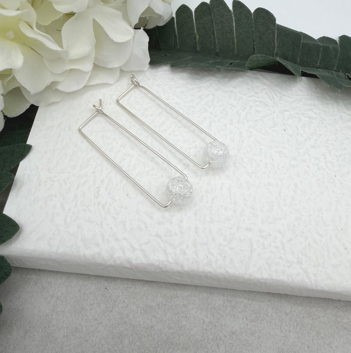 Earrings with Crackled Quartz on Sterling Silver Rectangle Hoops CHE-519