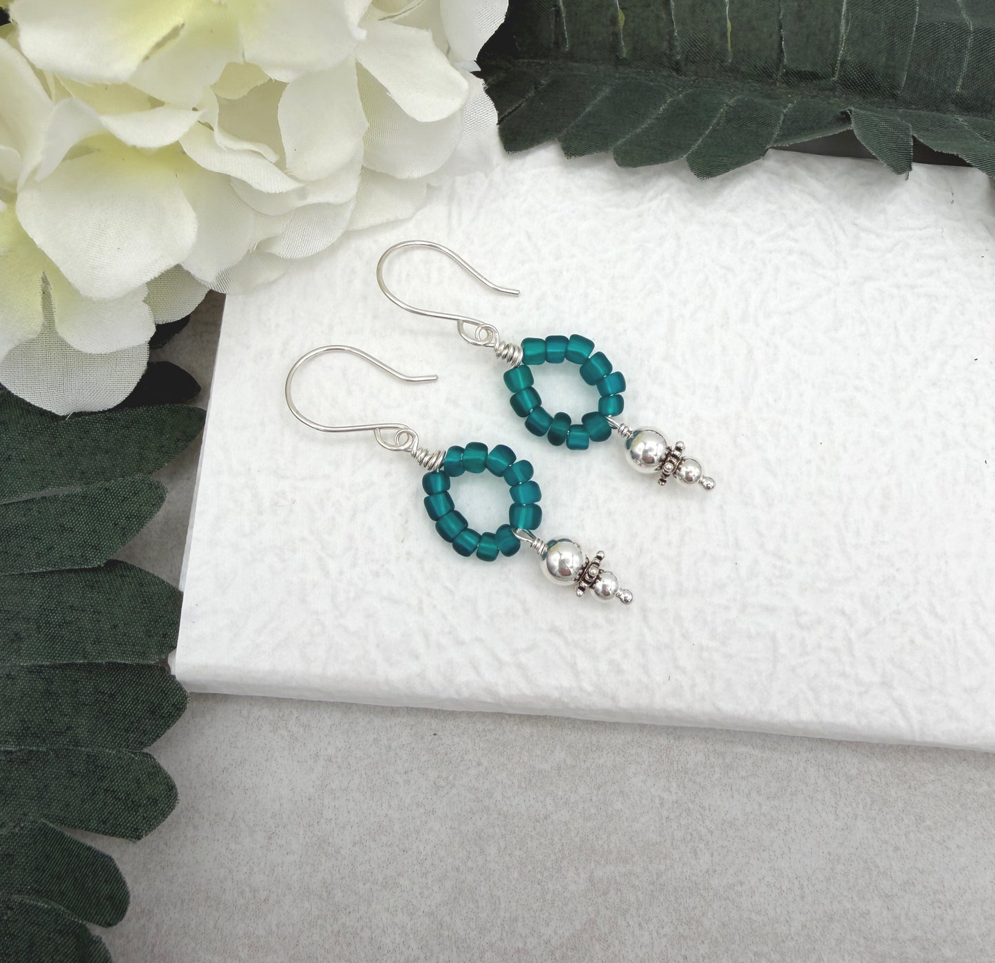 Earrings with Wire Wrapped Teal Blue Recycled Glass and Sterling Silver Beads CHE-520