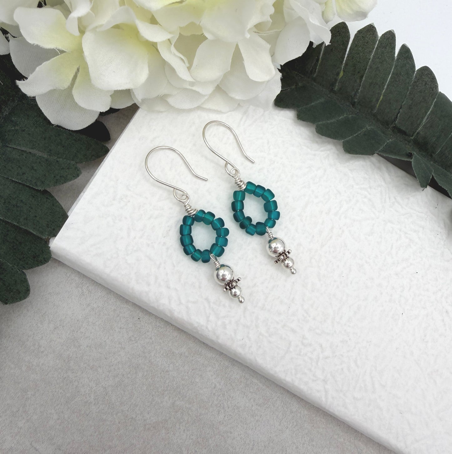 Earrings with Wire Wrapped Teal Blue Recycled Glass and Sterling Silver Beads CHE-520
