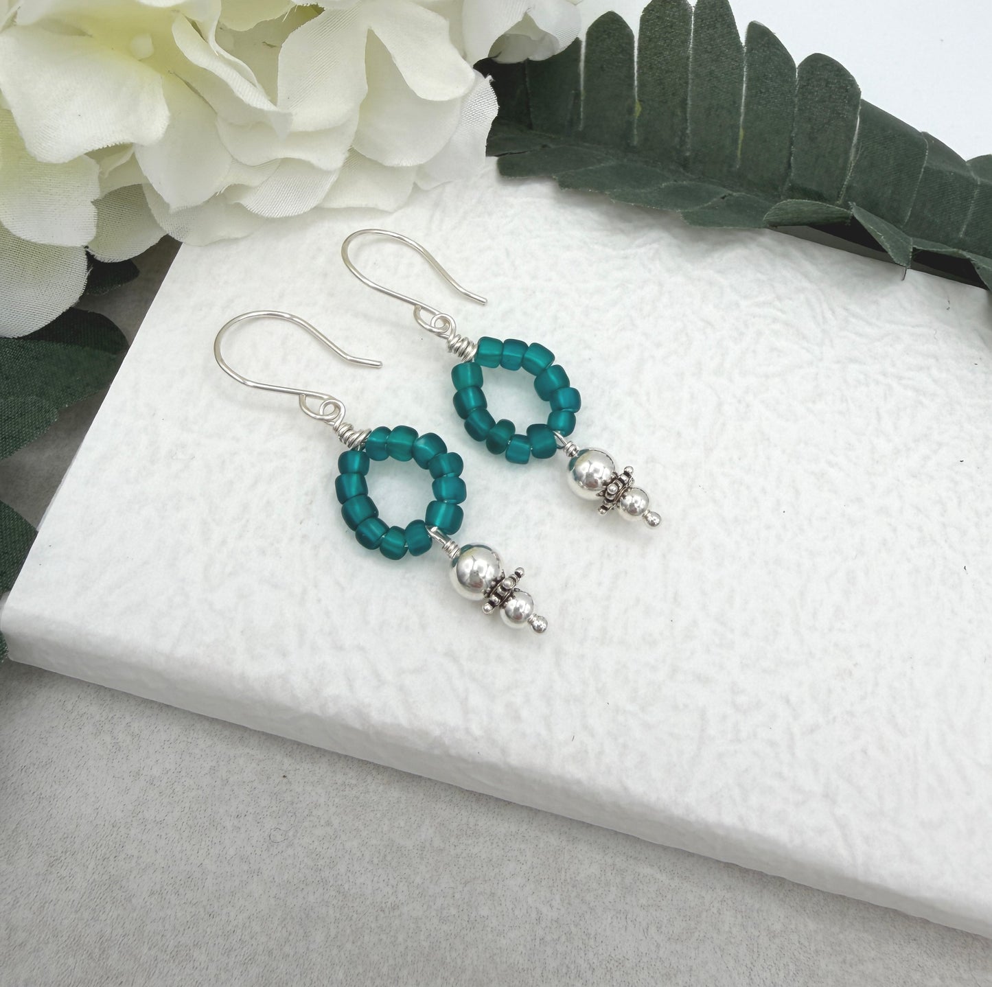 Earrings with Wire Wrapped Teal Blue Recycled Glass and Sterling Silver Beads CHE-520