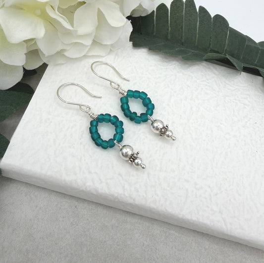 Earrings with Wire Wrapped Teal Blue Recycled Glass and Sterling Silver Beads CHE-520
