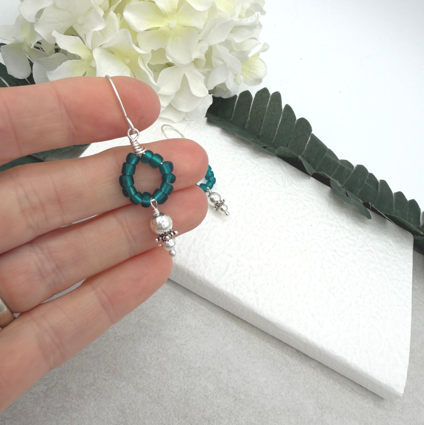 Earrings with Wire Wrapped Teal Blue Recycled Glass and Sterling Silver Beads CHE-520