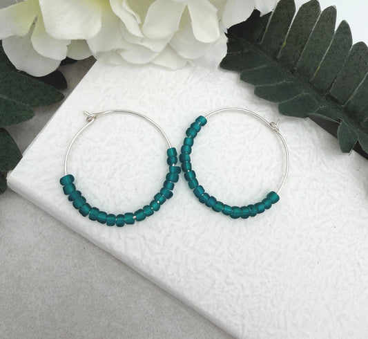 Hoop Earrings with Teal Blue Recycled Glass Beads CHE-521