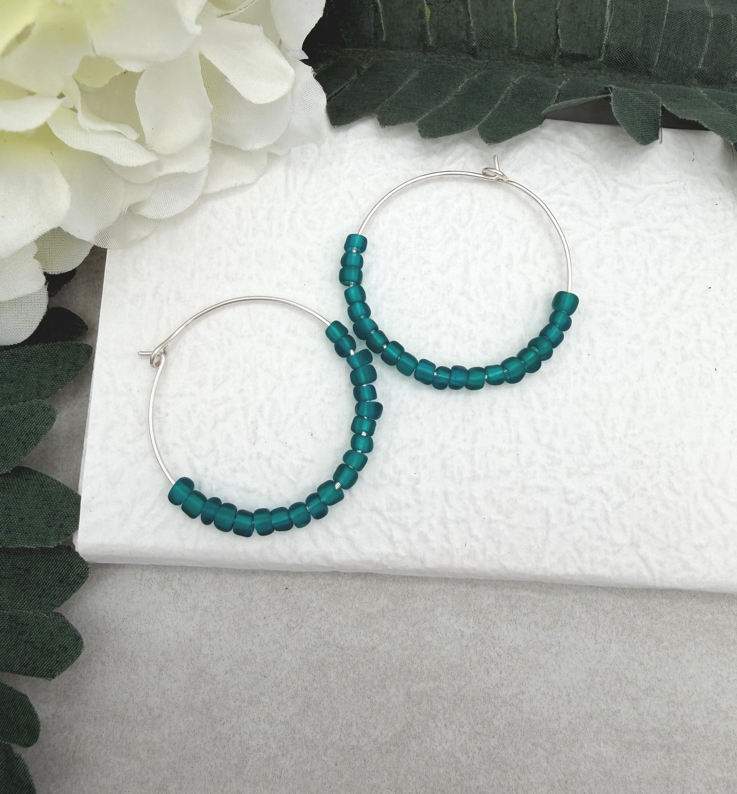 Hoop Earrings with Teal Blue Recycled Glass Beads CHE-521
