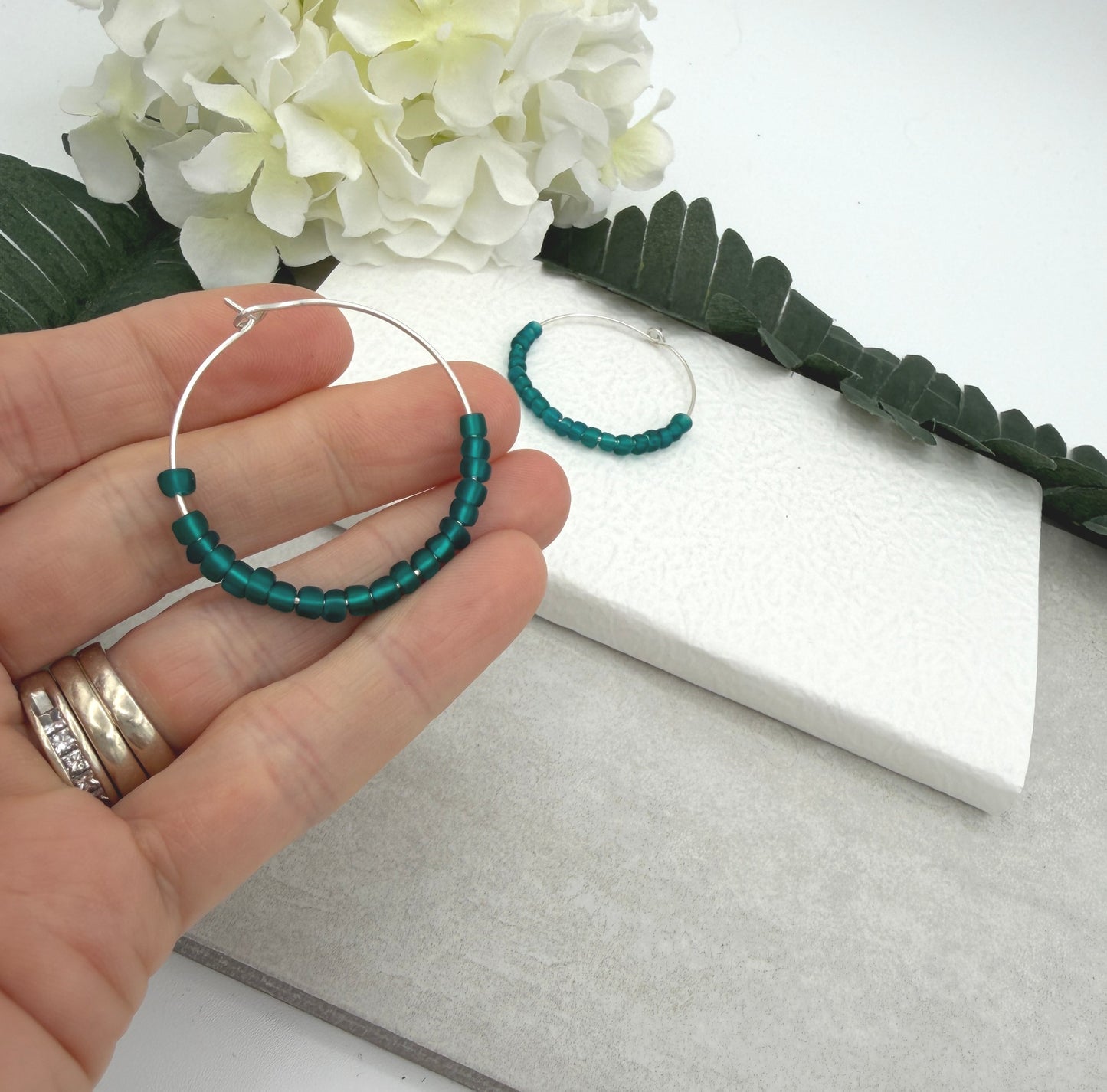 Hoop Earrings with Teal Blue Recycled Glass Beads CHE-521