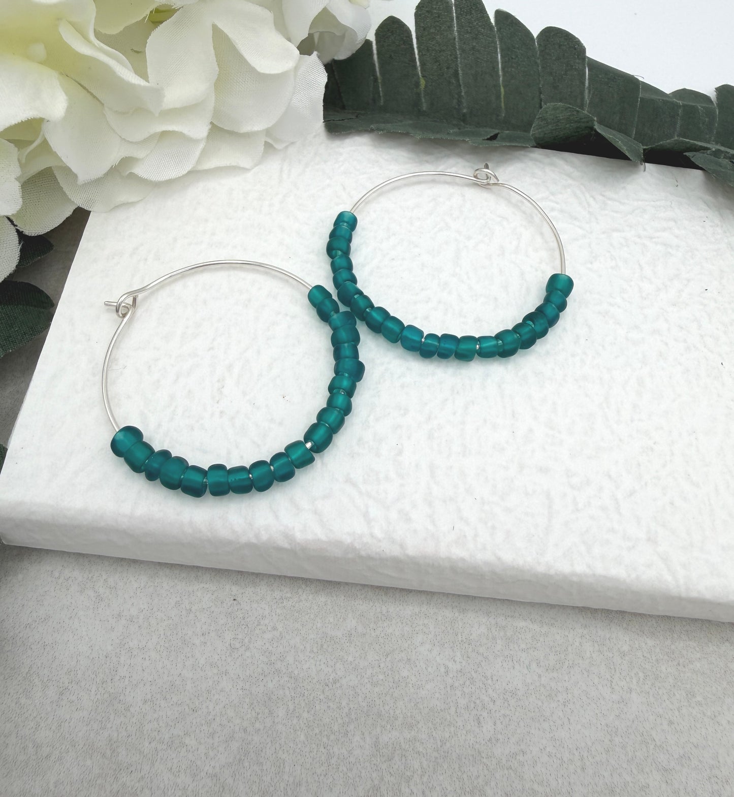Hoop Earrings with Teal Blue Recycled Glass Beads CHE-521