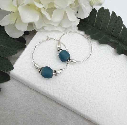 Hoop Earrings with Blue Recycled Glass Beads and Sterling Silver Beads CHE-522
