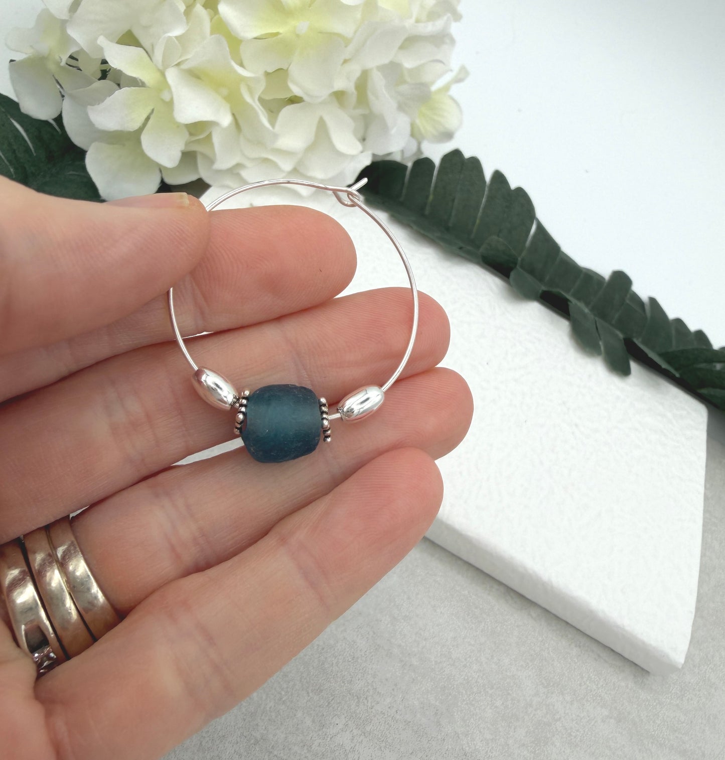 Hoop Earrings with Blue Recycled Glass Beads and Sterling Silver Beads CHE-522