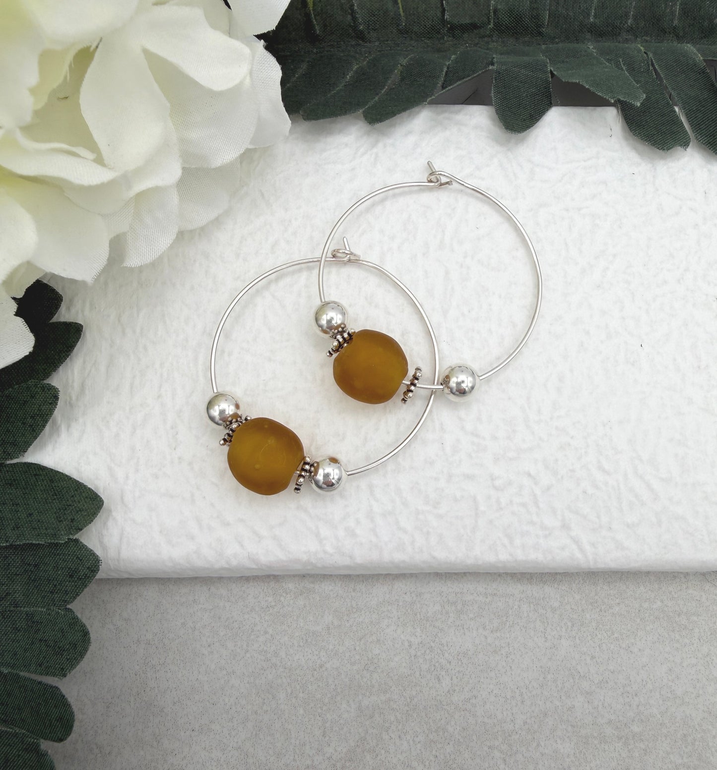 Hoop Earrings with Brown Recycled Glass Beads and Sterling Silver Beads CHE-523