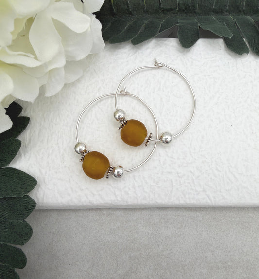 Hoop Earrings with Brown Recycled Glass Beads and Sterling Silver Beads CHE-523