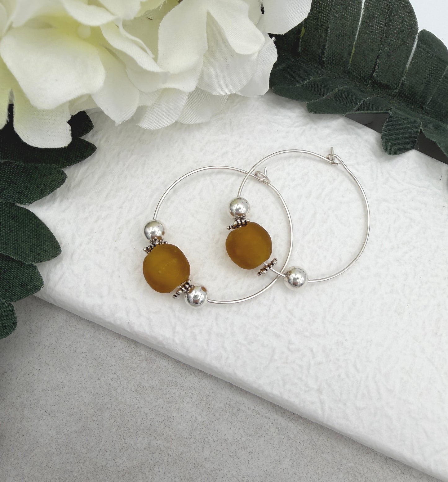 Hoop Earrings with Brown Recycled Glass Beads and Sterling Silver Beads CHE-523