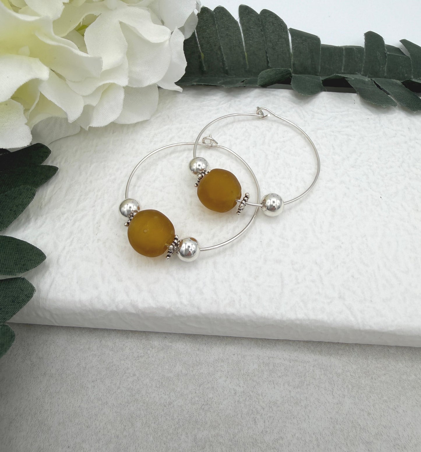 Hoop Earrings with Brown Recycled Glass Beads and Sterling Silver Beads CHE-523