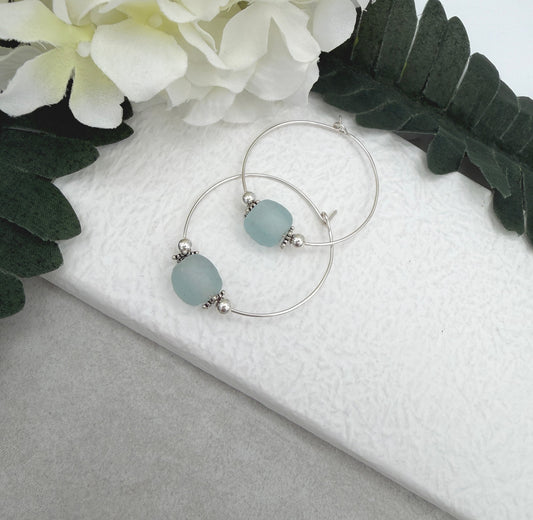 Hoop Earrings with Blue Recycled Glass Beads and Sterling Silver Beads CHE-524