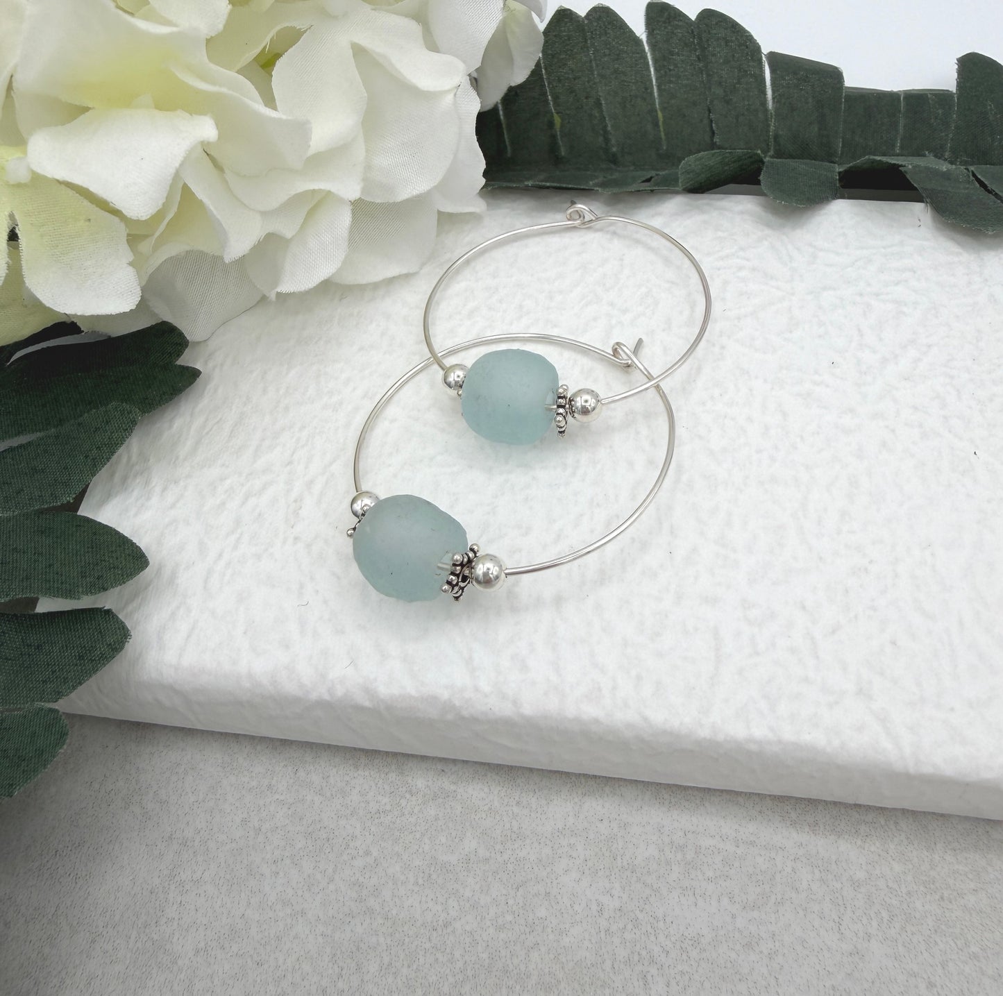 Hoop Earrings with Blue Recycled Glass Beads and Sterling Silver Beads CHE-524