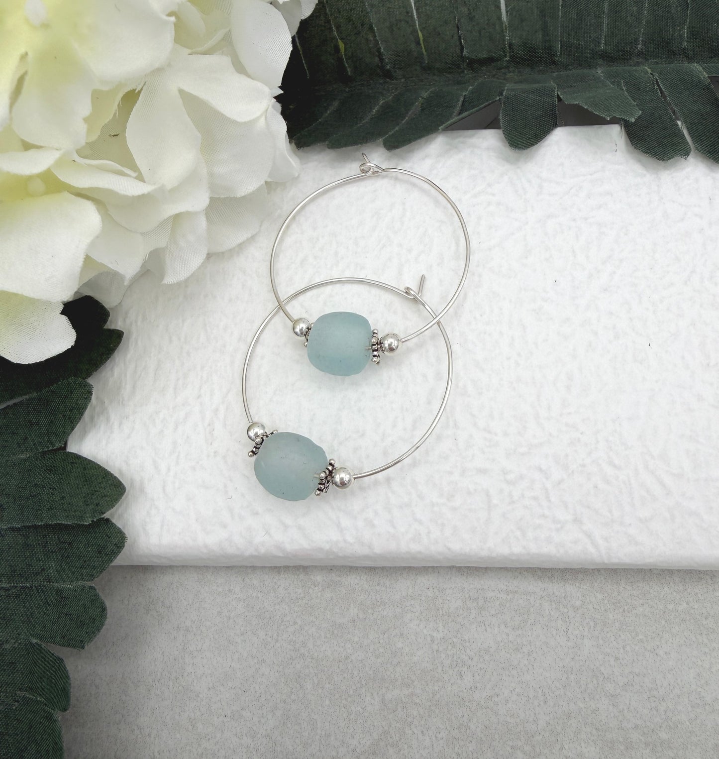 Hoop Earrings with Blue Recycled Glass Beads and Sterling Silver Beads CHE-524